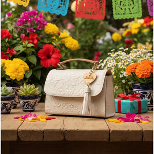 Off White Sunflower Embossed Tooled Artisan LEATHER Crossbody Handbag Purse